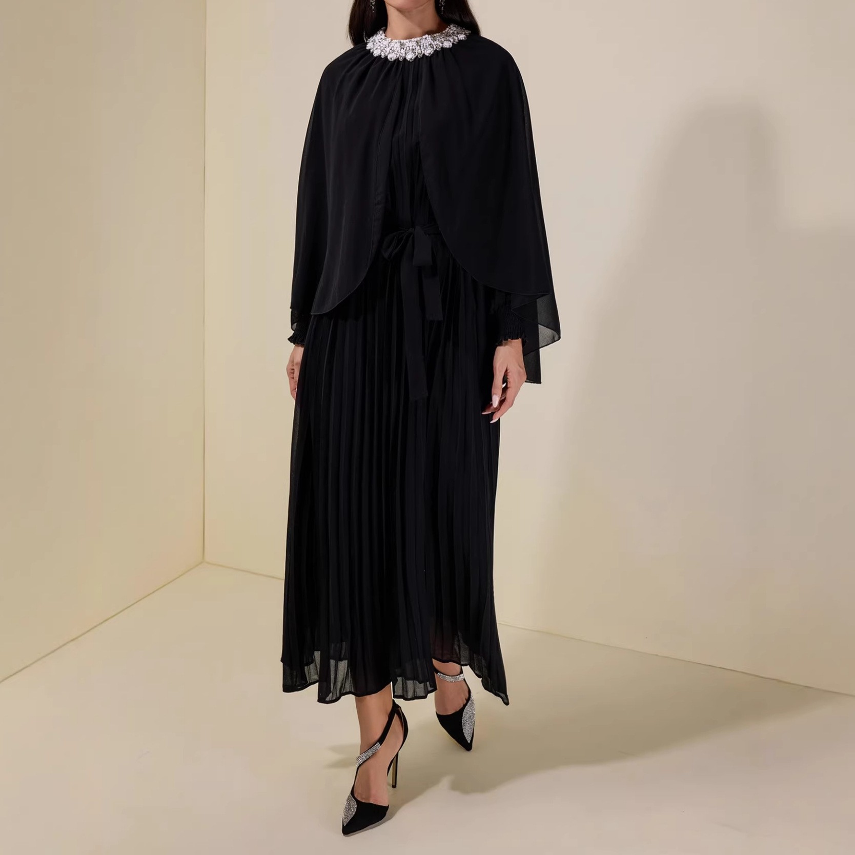 Draped pure color elegant French-style dress with diamond-encrusted neckline and pleated overlay