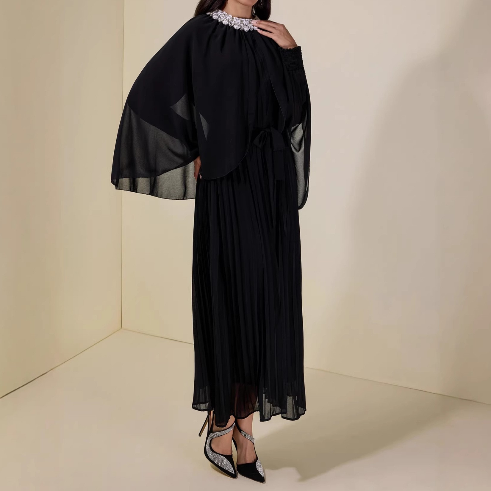 Draped pure color elegant French-style dress with diamond-encrusted neckline and pleated overlay