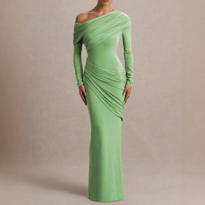 A pleated and frilled elegant light green full-skirted dress with a slanted neckline