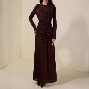 Round-neck long-sleeved pleated fitted deep brown elegant dress