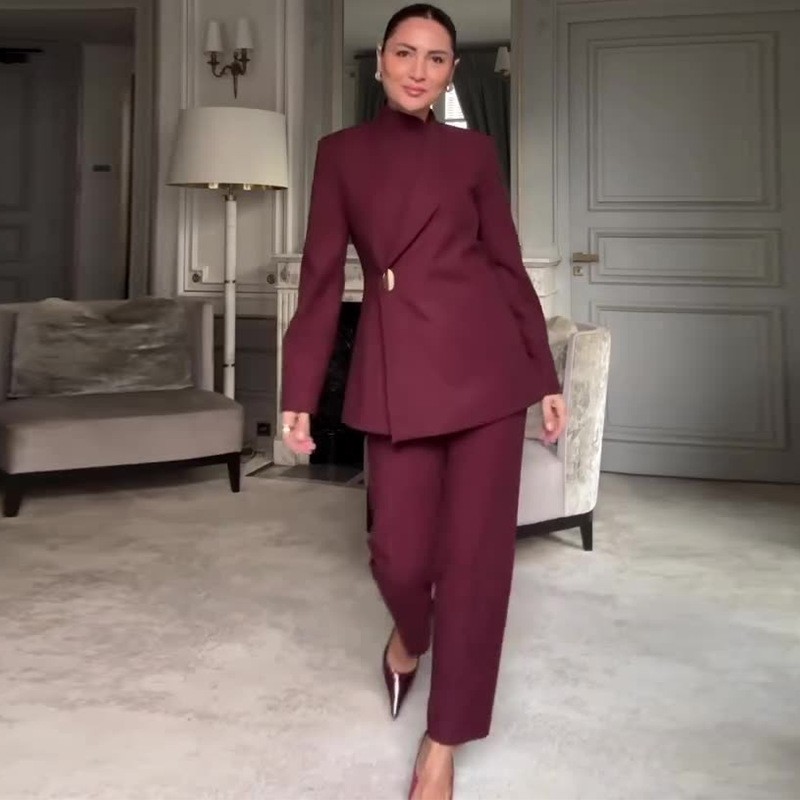 Long-sleeved wine-red formal two-piece set for work attire