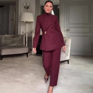 Long-sleeved wine-red formal two-piece set for work attire