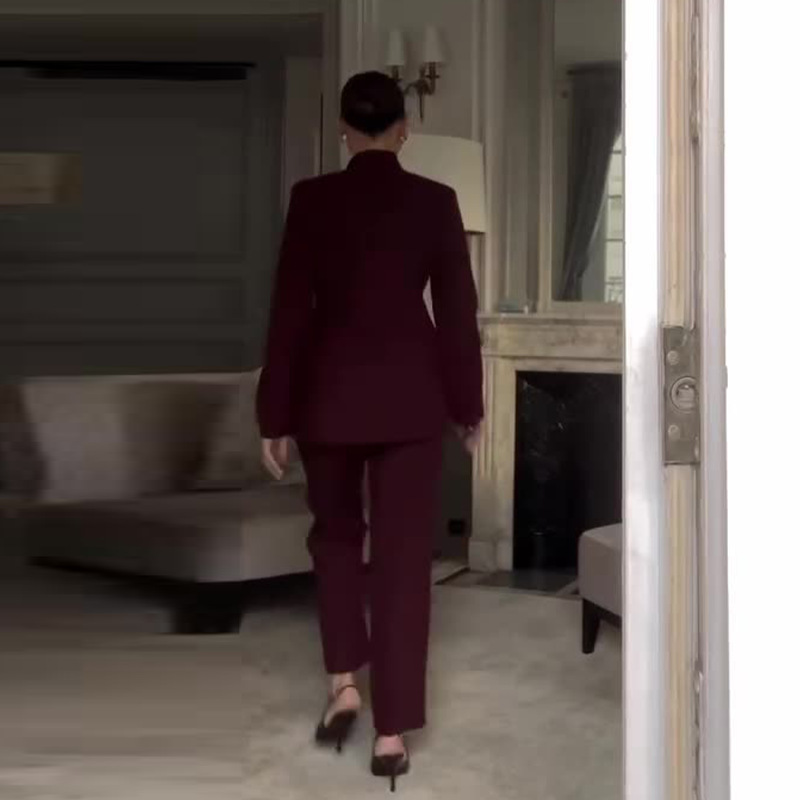 Long-sleeved wine-red formal two-piece set for work attire