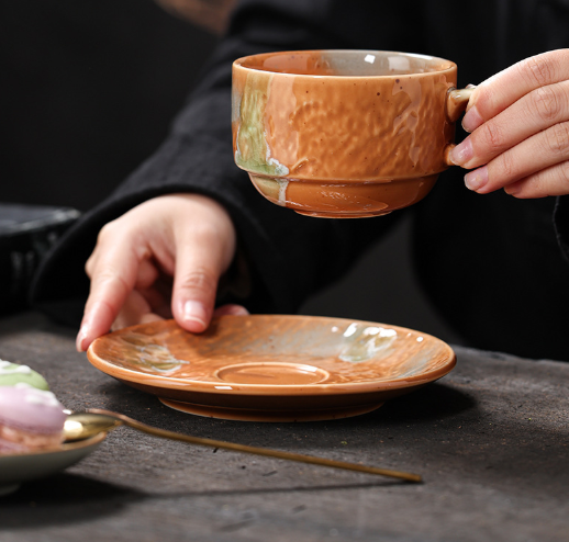 Glazed Ceramic Latte Cup & Saucer Set – Vintage Rustic Coffee Mug